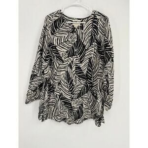 Cynthia Rowley Blouse Womens 1X Black White Linen Palm Leaf Tropical Button Up